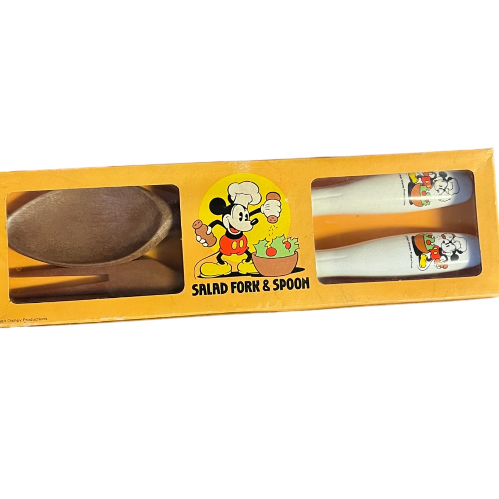 Vintage Disney Mickey Mouse Wood and Ceramic Salad Fork And Spoon Set in Box‎
